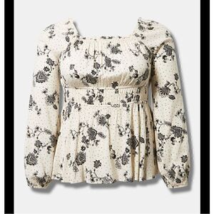 Torrid Top Rayon Ruched Waist Beige Floral Boho Blouse Long Sleeve Size 3 XXXL